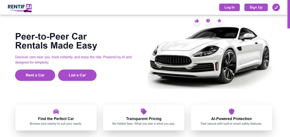 RentifAI car rental website showing its vehicle search and booking interface